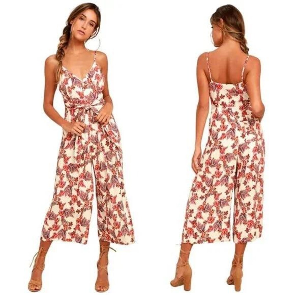 Free People Jumpsuit Women 2 Cream Tropical Leaf Print Wide Leg Tie Waist Pocket